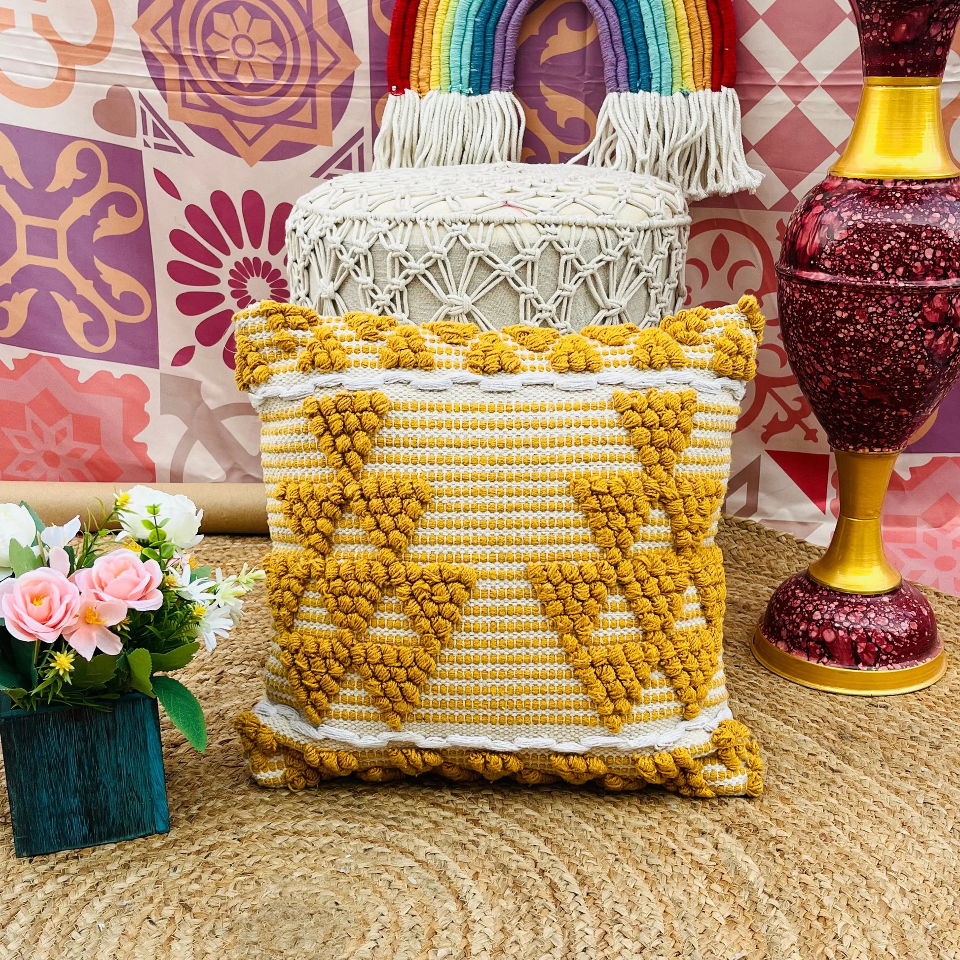 Embroidery Cotton Cushion Cover (Yellow) - Laxhofur