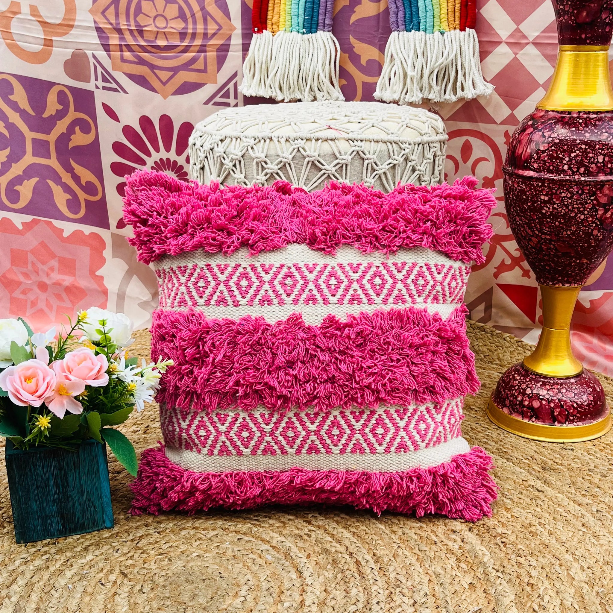 Hand Woven Cotton Cushion Cover (Pink and White) - Laxhofur