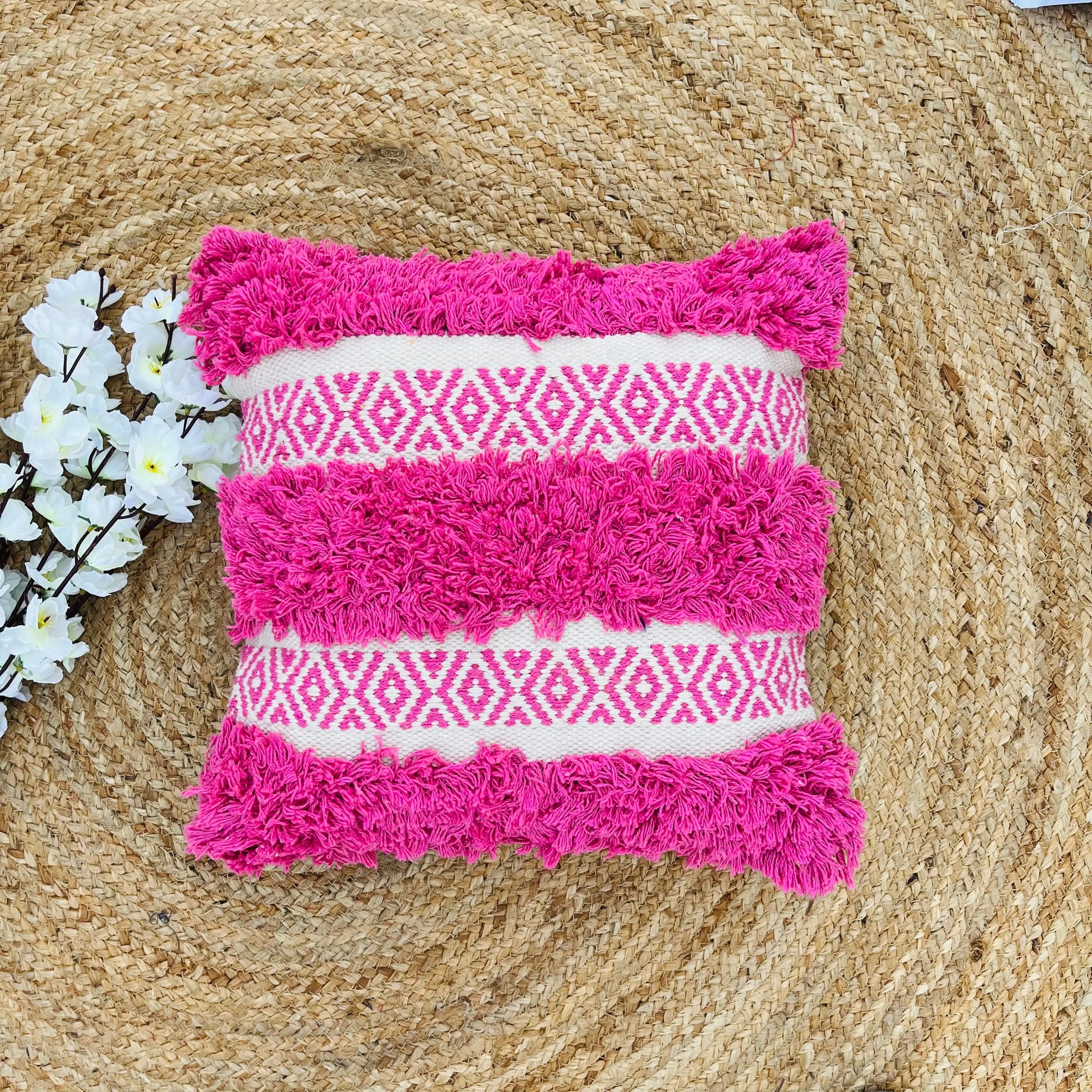 Hand Woven Cotton Cushion Cover (Pink and White) - Laxhofur