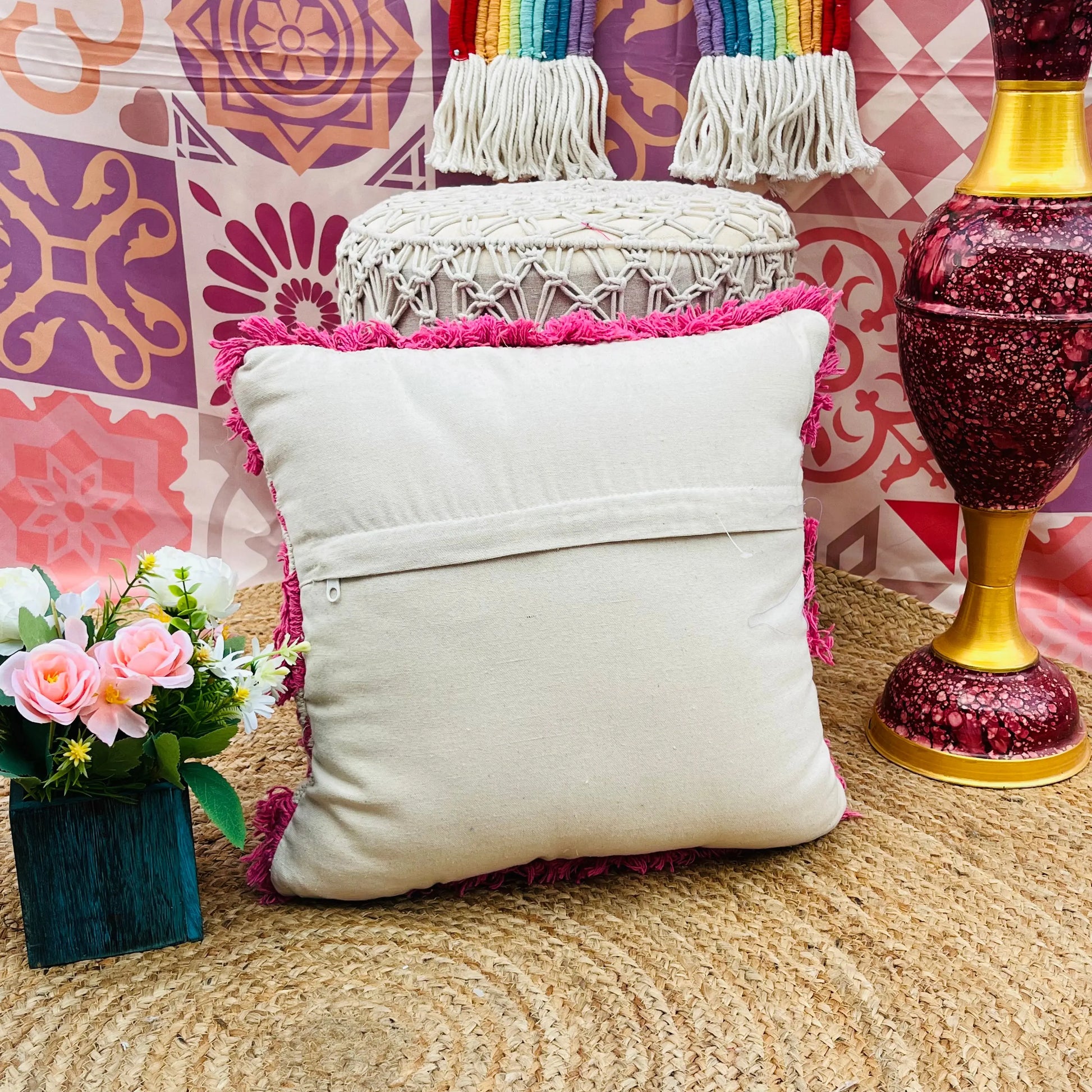 Hand Woven Cotton Cushion Cover (Pink and White) - Laxhofur