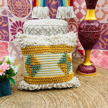 Hand Woven Cotton Cushion Cover (White, Yellow and Green) - Laxhofur