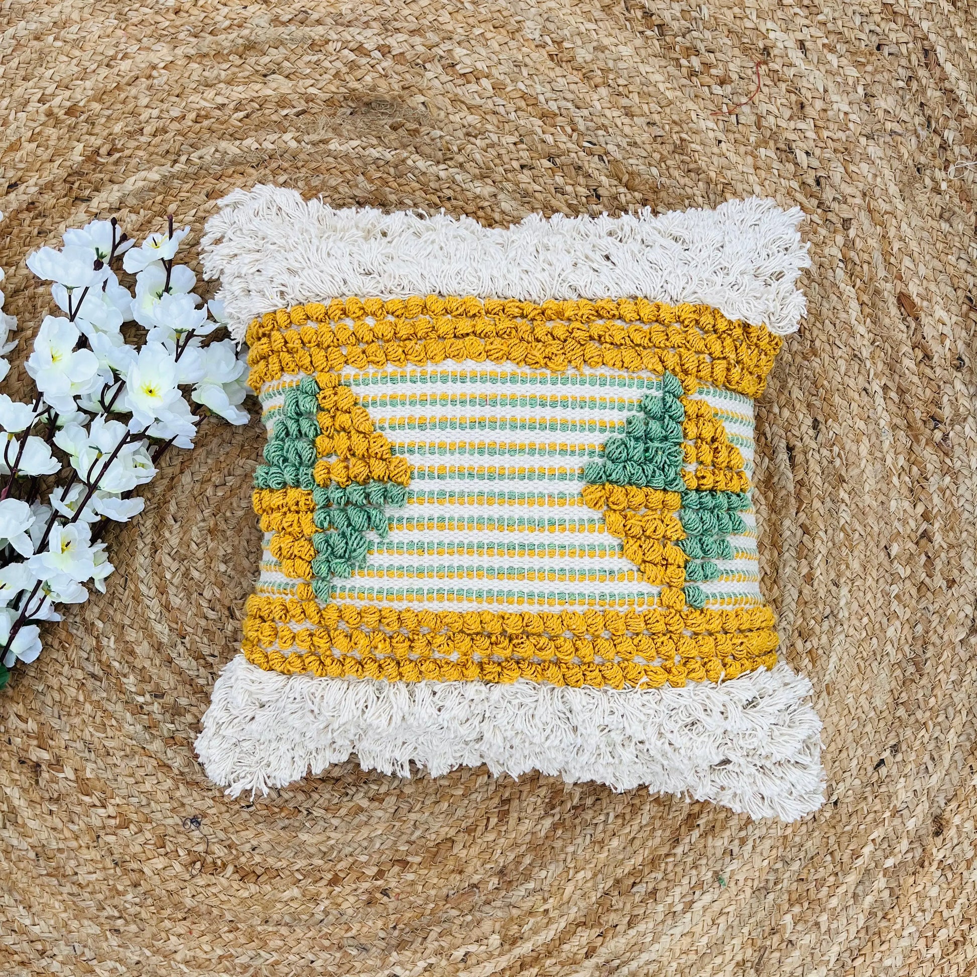 Hand Woven Cotton Cushion Cover (White, Yellow and Green) - Laxhofur