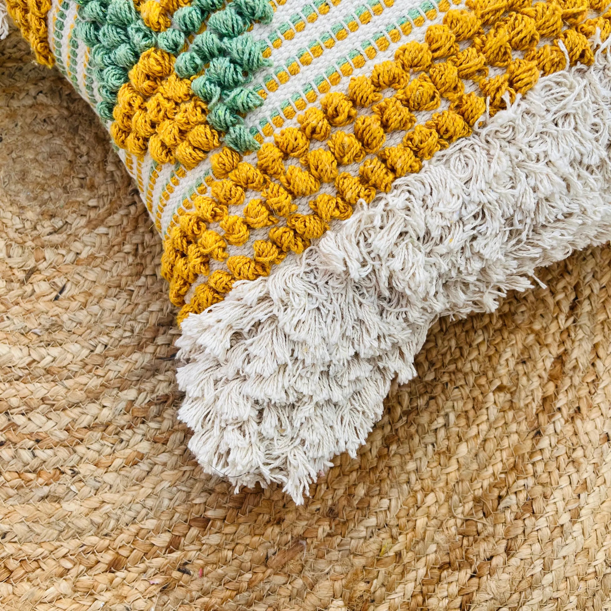 Hand Woven Cotton Cushion Cover (White, Yellow and Green) - Laxhofur