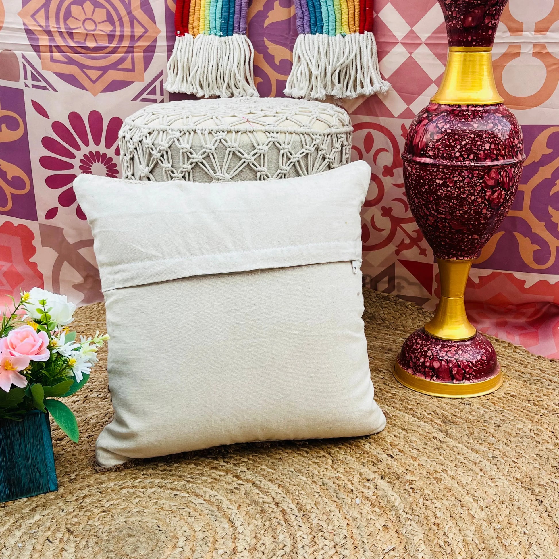 Hand Woven Cotton Cushion Cover (White, Yellow and Green) - Laxhofur