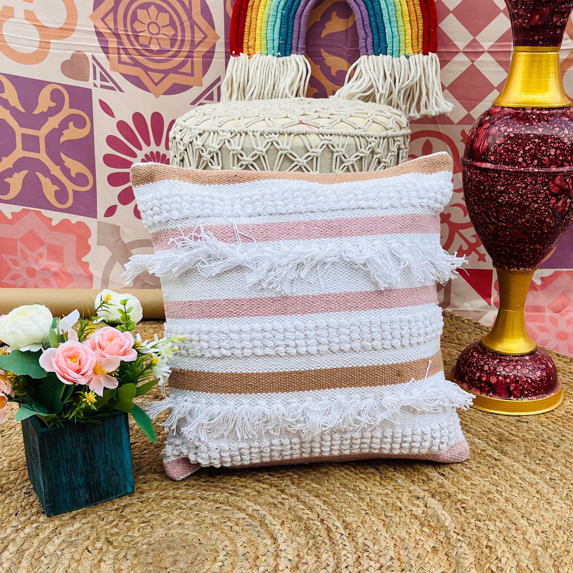 Handwoven Cotton Cushion Cover for Home (Multicolor)