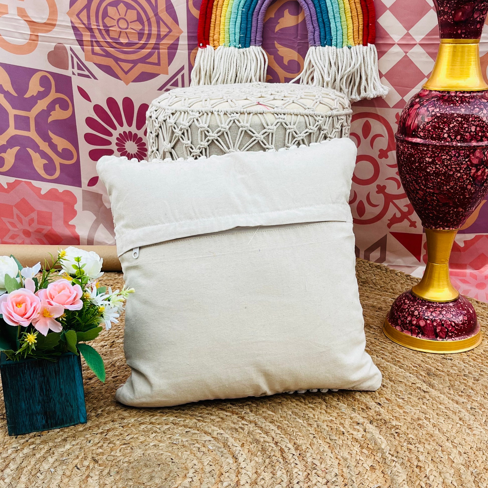 Embroidered Cotton Cushion Cover (White)