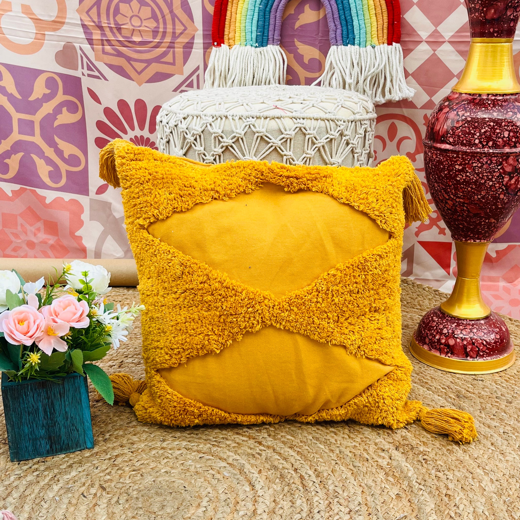 Mustard Yellow Cushion Cover with Tassels