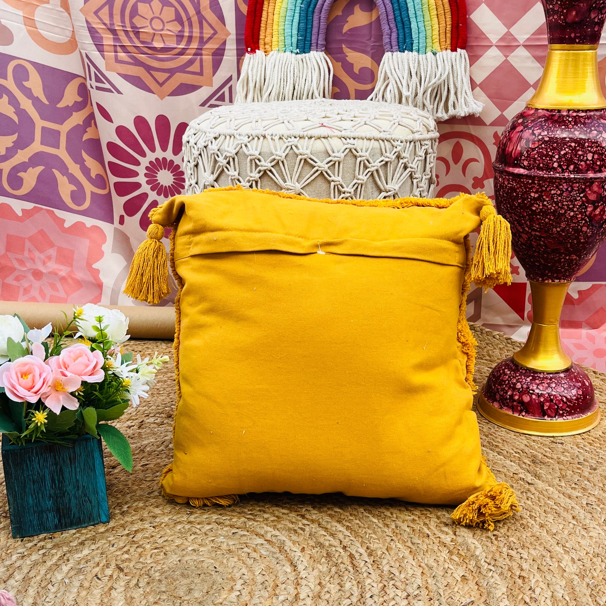 Mustard Yellow Cushion Cover with Tassels