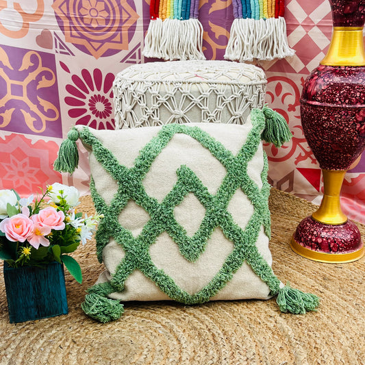 Cushion Cover with Tassels (Green and White)