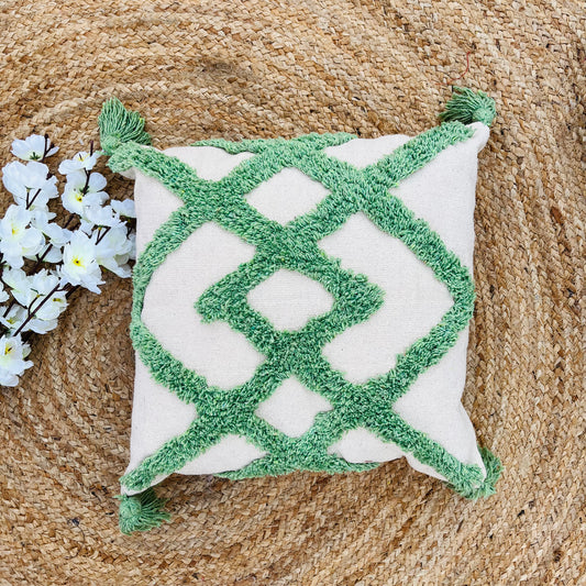 Cushion Cover with Tassels (Green and White)