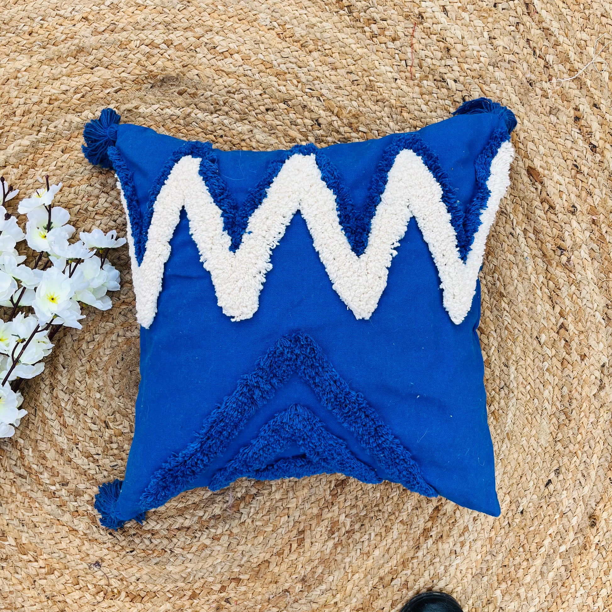 Cotton Hand Tufted Cushion Covers (Blue)