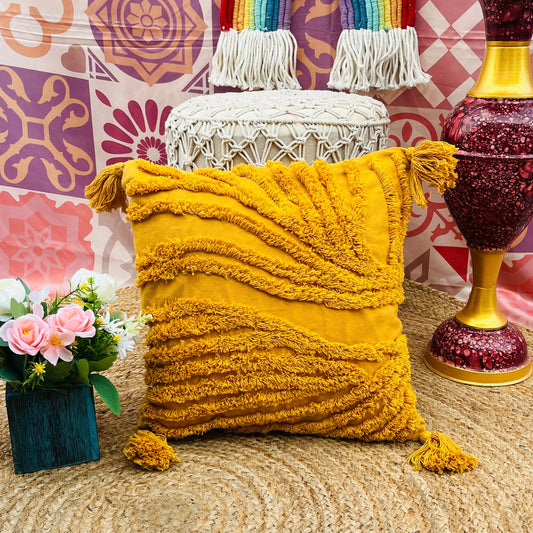 Mustard Yellow Cushion Cover with Tassels - Laxhofur