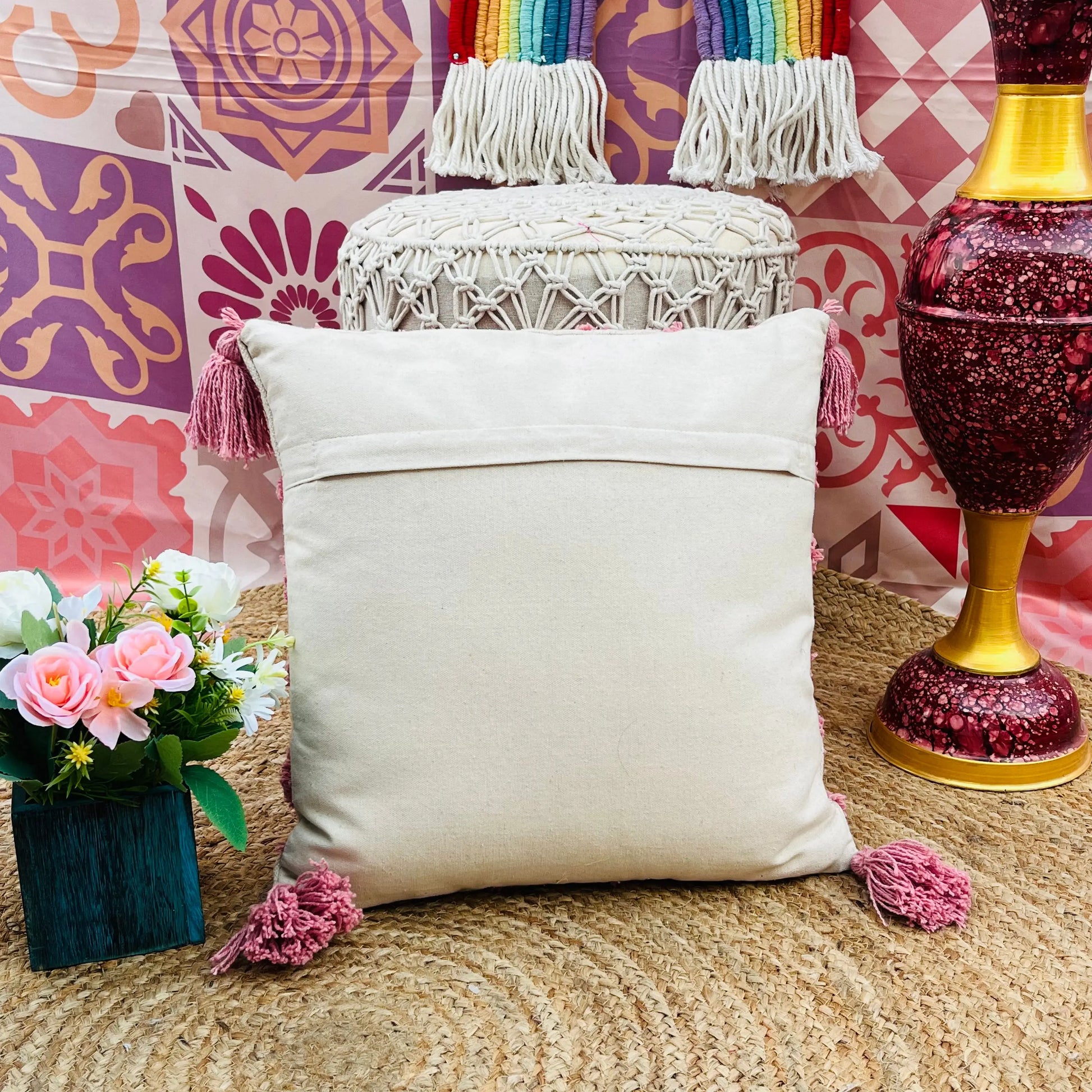 Pink Cushion Cover with Tassels - Laxhofur