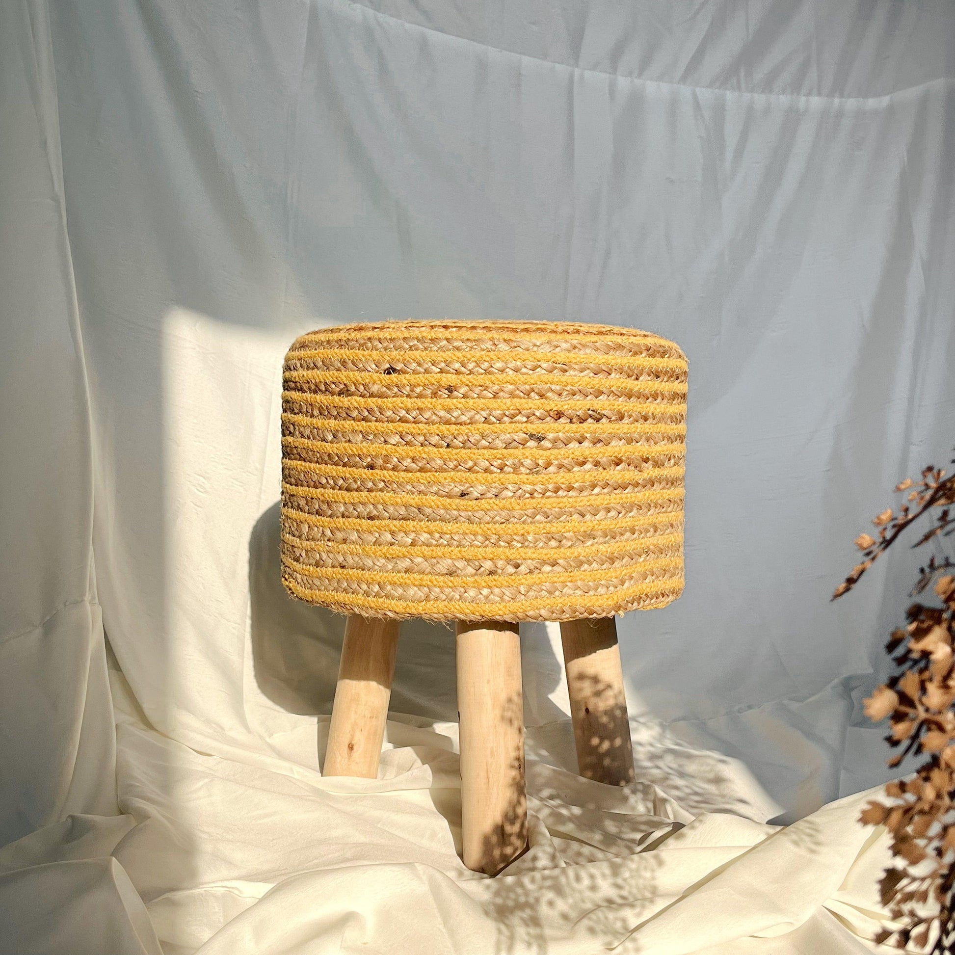 Round Cotton Jute Ottoman (Yellow)