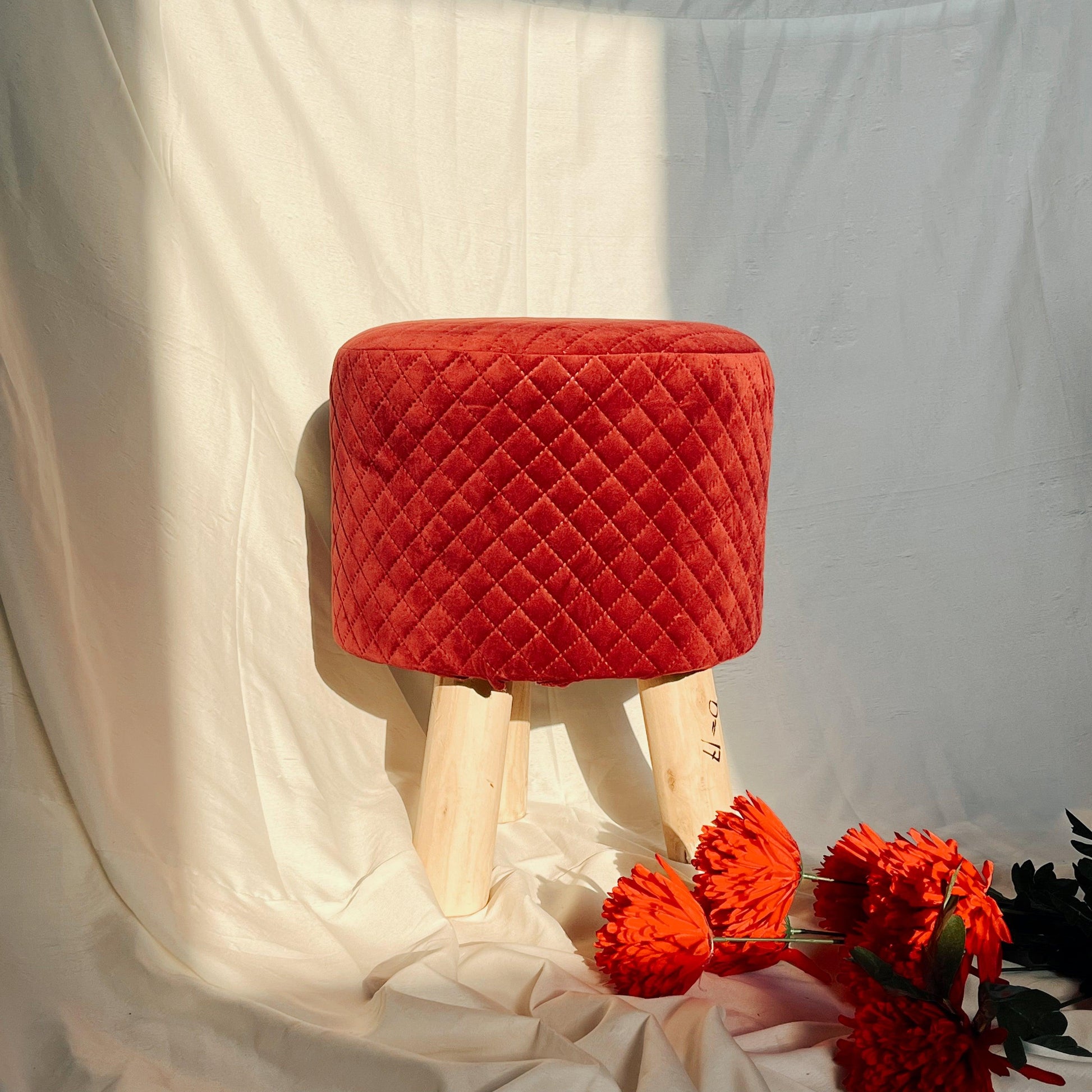 Round Velvet Ottoman (Red)