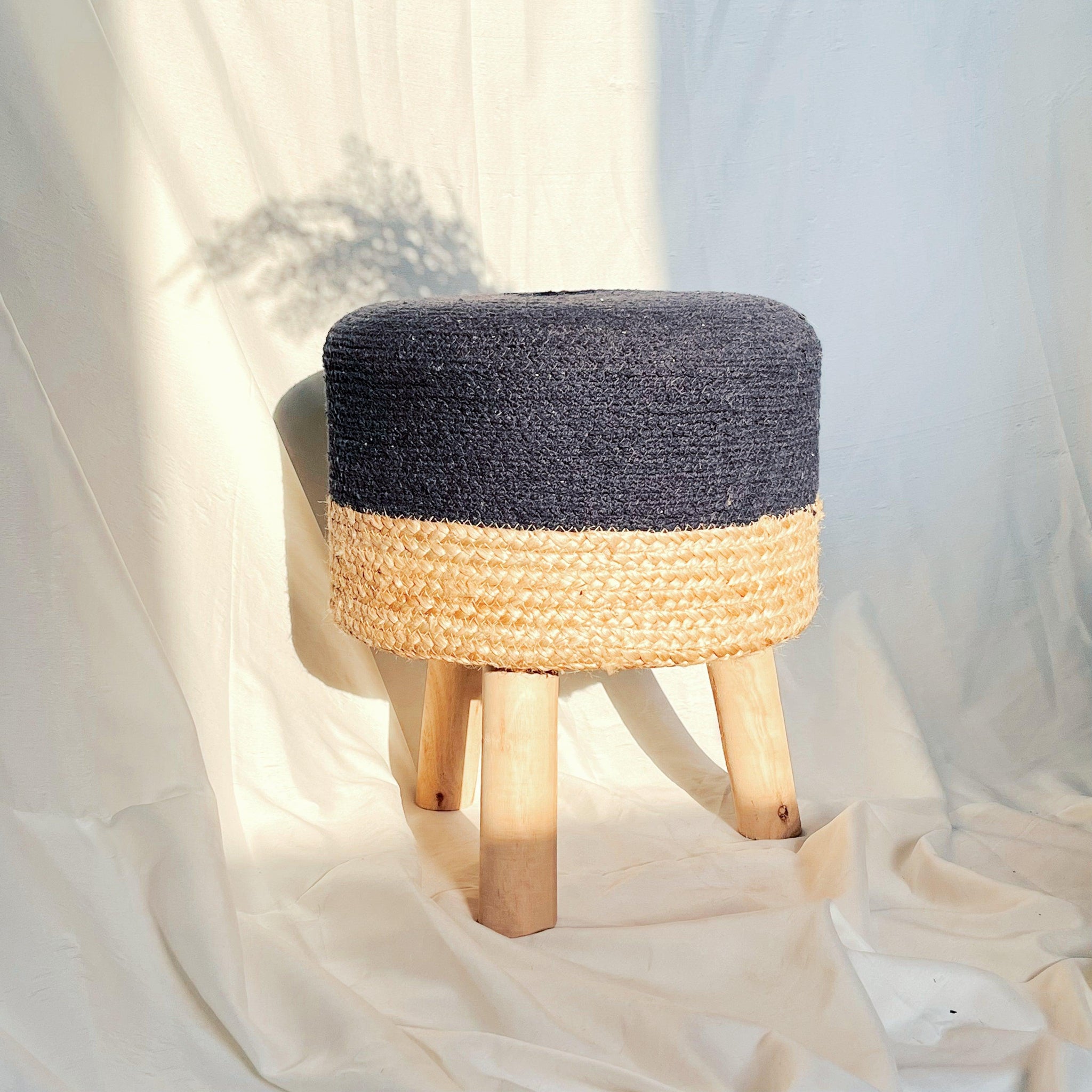 Blue Cotton Jute Ottoman for Home