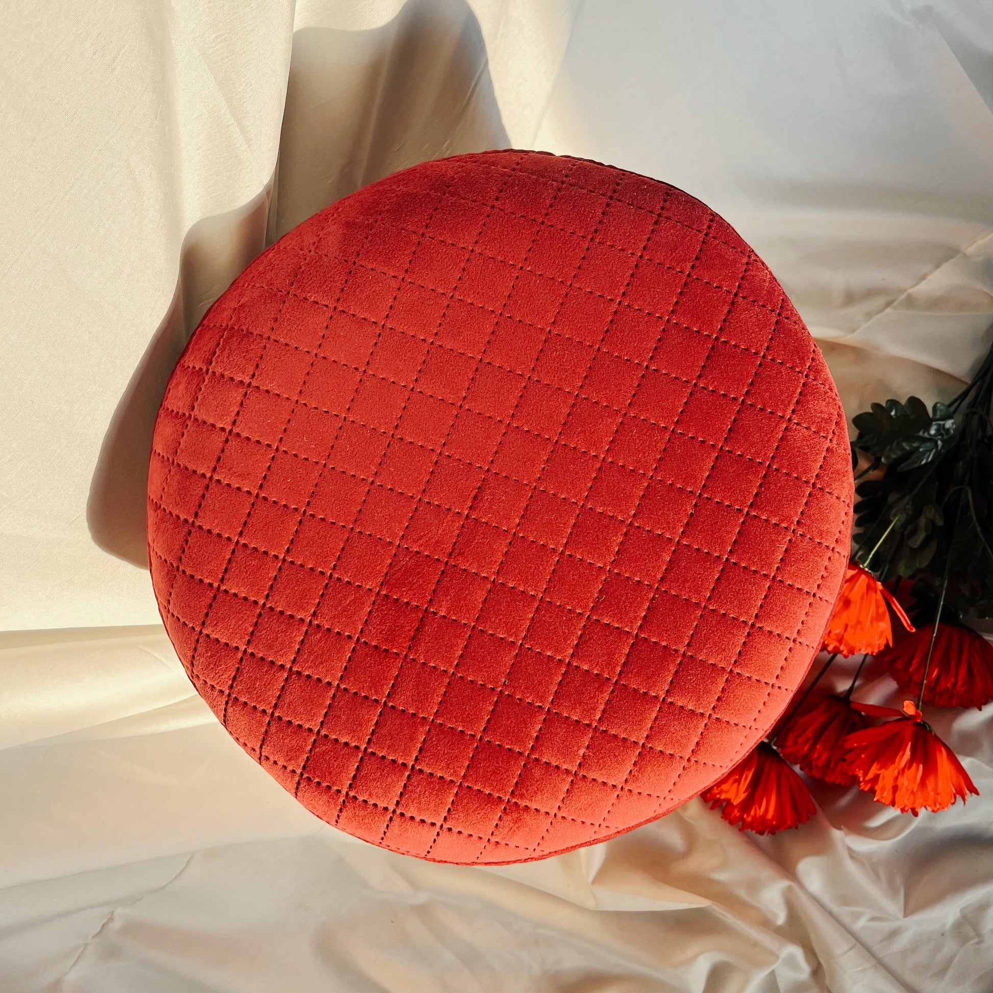 Round Velvet Ottoman (Red)