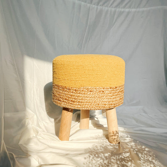 Round Cotton Jute Ottoman (Yellow)