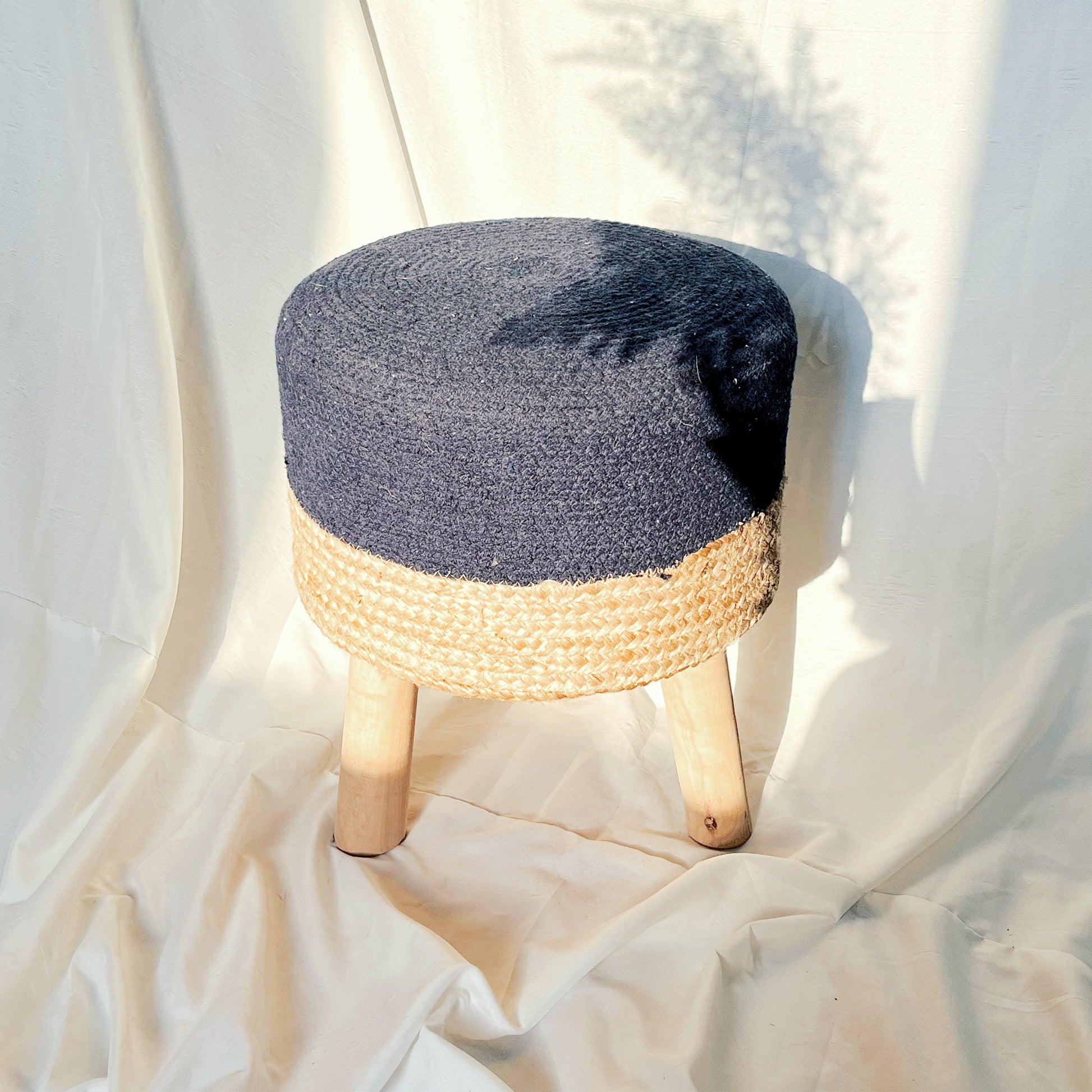 Blue Cotton Jute Ottoman for Home