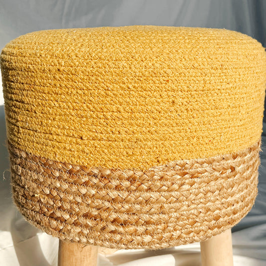 Round Cotton Jute Ottoman (Yellow)