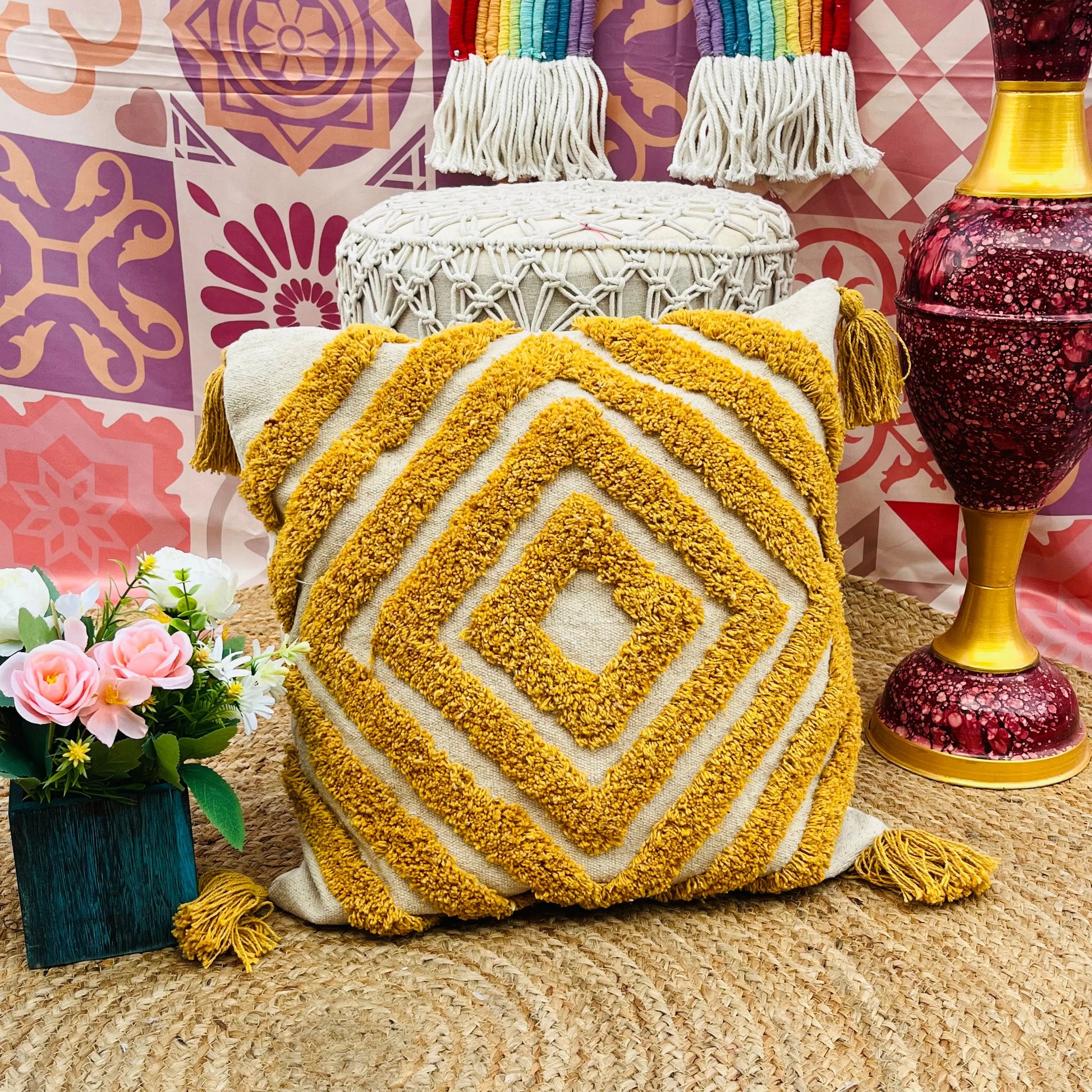 Yellow Cushion Cover with Tassels - Laxhofur